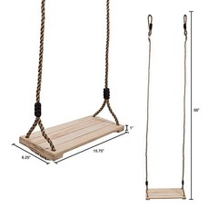 Wooden Swing, Outdoor Flat Bench Seat with Adjustable Nylon Hanging Rope for