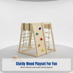 Kids Wooden Climbing Frame, Indoor Slide, Hanging Seat, Home Play Gym