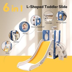 6 in 1 Toddler Playset with Hoop Ball Kids Playground Slide Outdoor Blue