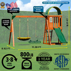 WOODEN SWING SET W/ 2-PERSON SAUCER SWING 6′ SLIDE PLAYGROUND NEW