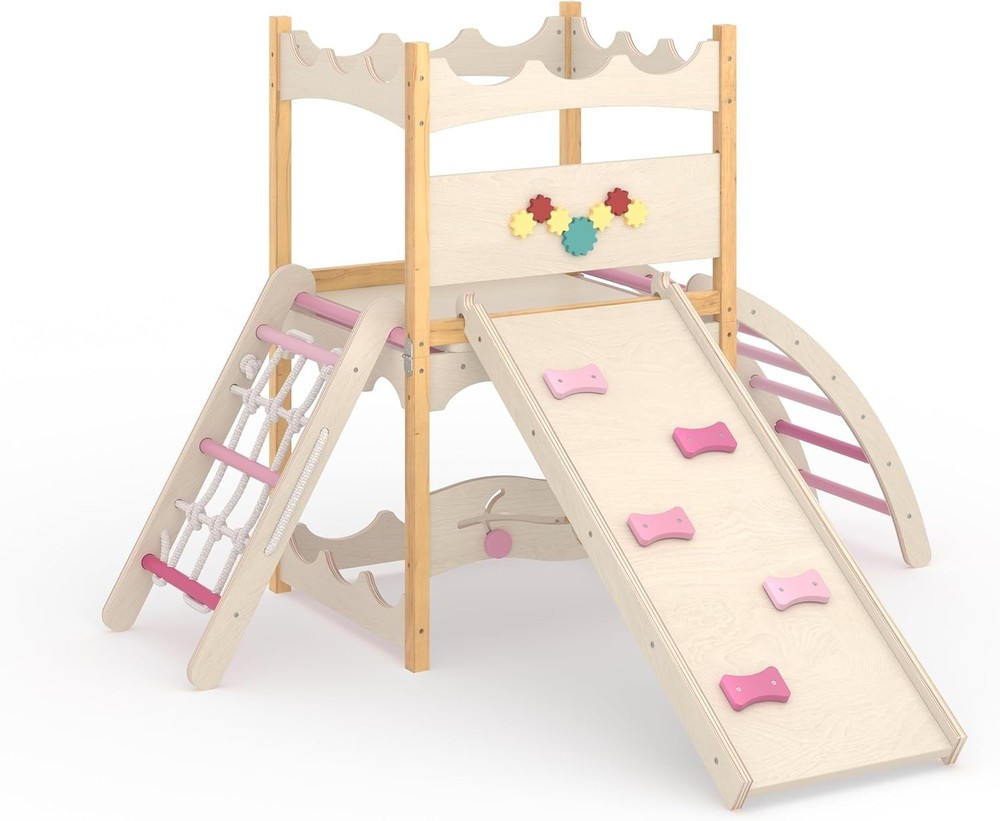 6-in-1 Wooden Indoor Play Gym Climber with Slide, Swing, Rock Wall, Rope Ladder
