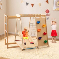 6-in-1 Jungle Gym w/Slide Rock Climbing Basketball Hoop Monkey Bar Rope Net
