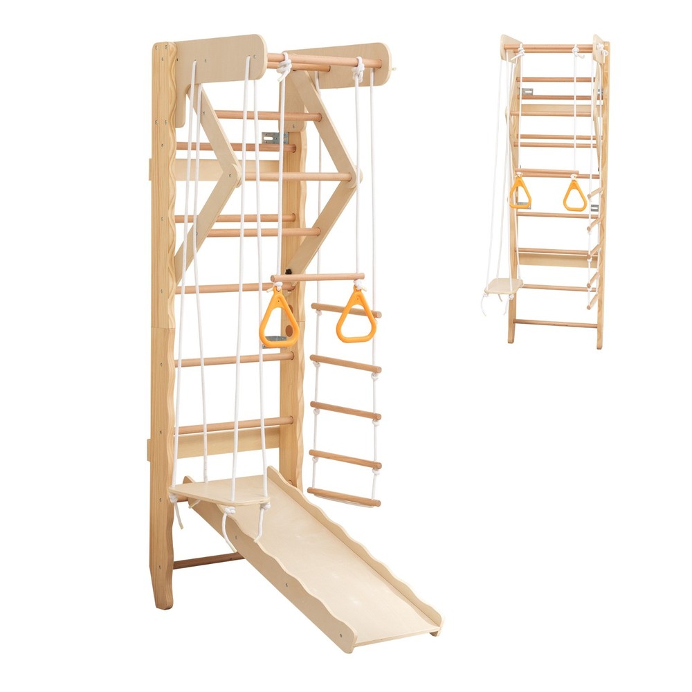 6-in-1 Swedish Ladder Wall Gym, Wooden Indoor Playground w/ Swing, Slide, Rings