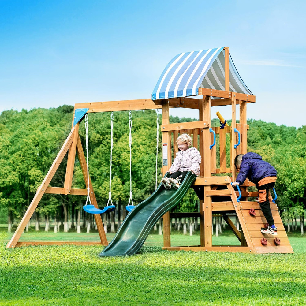 All-in-One Wooden Swing Set with Slide, Swings, Climbing Wall & More!