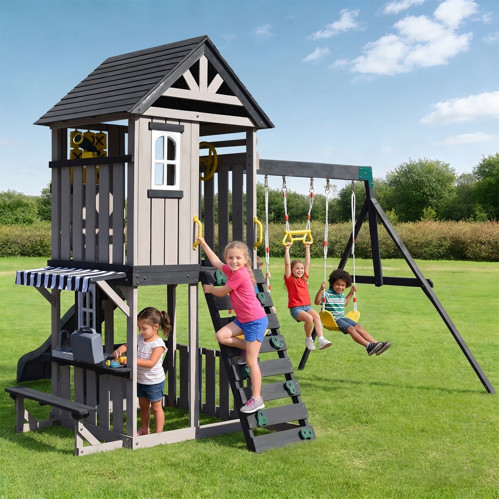 8IN1 Wooden Kids Swing Slide Set Playhouse,Rock Wall,Kitchen Backyard Playground