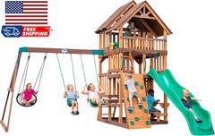 Highlander Cedar Wood Swing Set with Wave Slide Three-Story Clubhouse Rock Wall