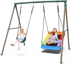 Hapfan Swing Sets for Backyard with 45″ Platform Saucer Swing and Belt Swing, 44