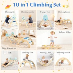 Pikler Triangle Set, 13 in 1 Astronaut Theme Foldable Wooden Montessori Toddl…