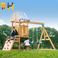 Wooden Swing Set Swings Slide Climbing Rope Ladder for Kids Ages 3-10