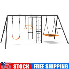 Metal Swing Set for Kids Outdoor Playground Sets Heavy-Duty w/Ladder Monkey Bars