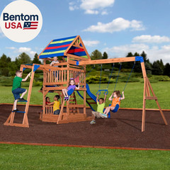 Beach Front Cedar Wood Swing Set with Wave Slide, Play Deck, Monkey Bars, Rock W