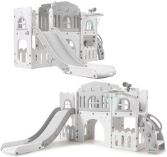 8 in 1 Toddler Slide Playset for Age 1-3 with Climber Toy Storage White and Gray