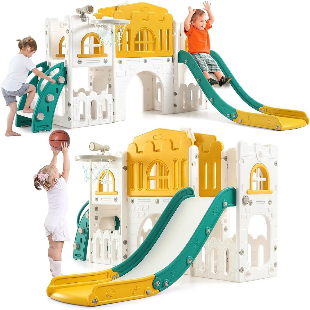 8 in 1 Toddler Slide Indoor Playground Playset Outdoor w/Basketball Hoop Climber