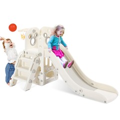 4 in 1 Kids Slide Toddler Climber Playset w/ Basketball Hoop and Store Space