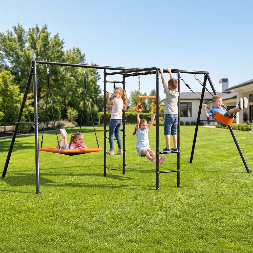 700 LBS 5IN1 Swing Sets for Backyard with Monkey Bars, 2 Swings , Climbing Net