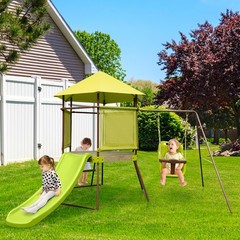 4-in-1 Kids Outdoor Metal Playset with Covered Playhouse Fort, Slide & Ladder