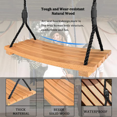 Wooden Swing Seat, Hanging Tree Swing with Adjustable Nylon Rope, Outdoor Wood S
