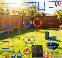 Ninja Warrior Obstacle Course for Kids Backyard-1×50Ft Slackline Kit with 10 Mos