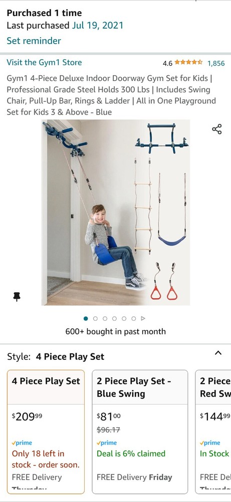 Gym1 4Piece Indoor Doorway Gym Set for Kids | Swing, Pull-Up Bar, Rings & Ladder