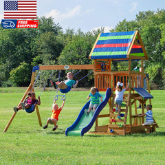 Backyard Discovery Beach Front Cedar Wood Swing Set with Wave Slide Play Deck