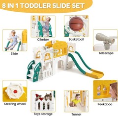 8 in 1 Toddler Slide Indoor Playground Playset Outdoor w/Basketball Hoop Climber