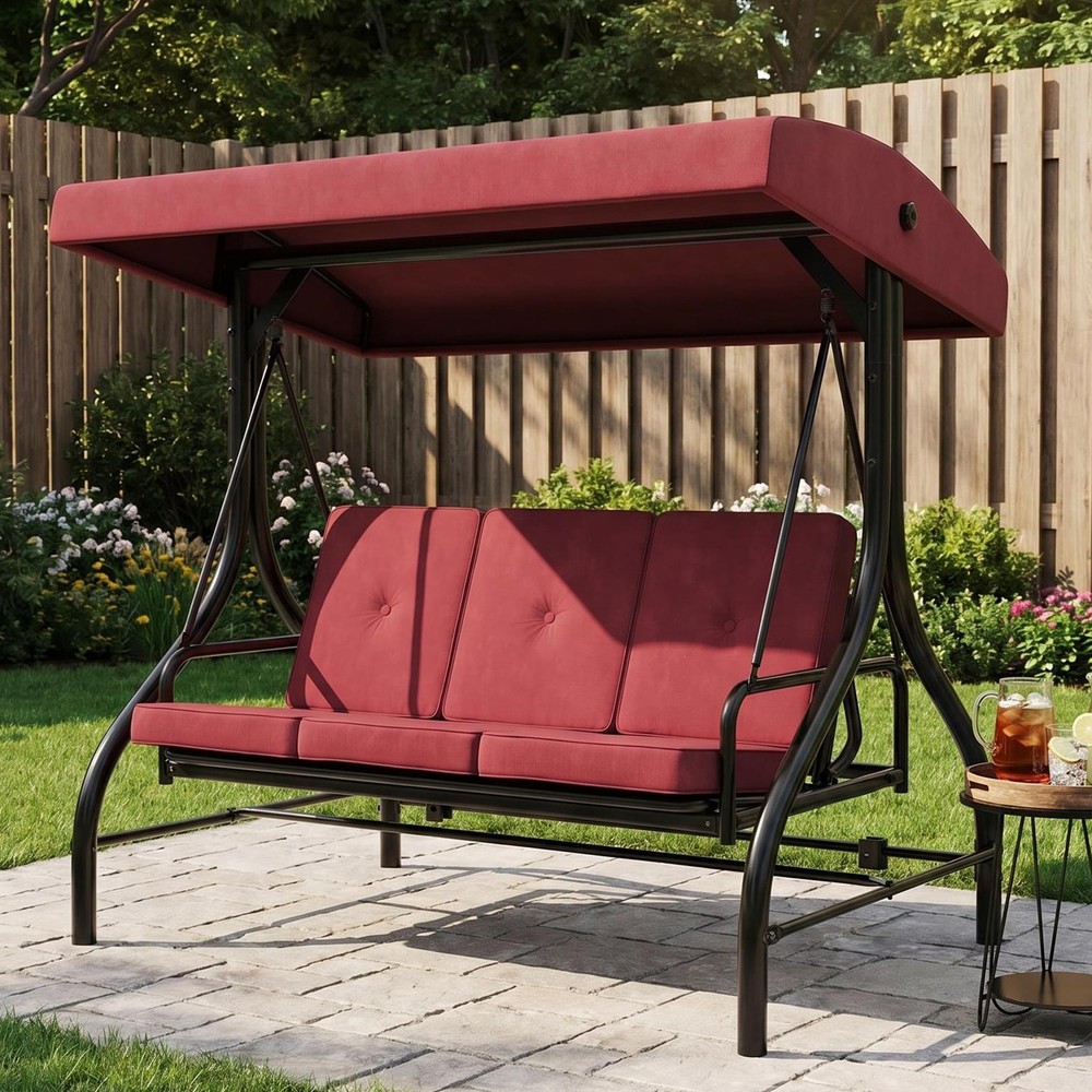 IDEALHOUSE 3-Seat Patio Swing w/ Stand, 2-in-1 Bed, Adj UV Canopy, 800lb