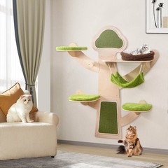 Wall-Mounted Cat Tower w/ Bed Hammock Sisal Scratching Post & Mats Cushions