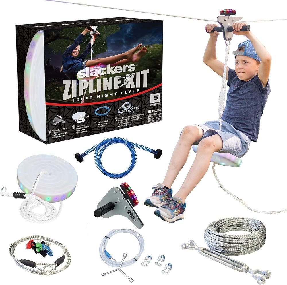 Slackers 100 ft LED Night Riderz Series Zipline – Kids Zip line Kit – USED –