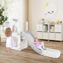 6 in 1 L-shaped Toddle Slide for Toddlers Age 1-3 Baby Slide w/ Basketball Hoop