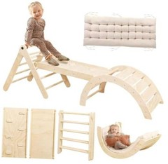 Pikler Triangle Set with Cushion, 7 in 1 Toddler Climbing Toys Nature Wood