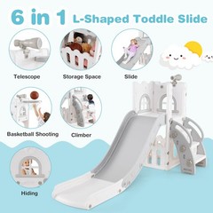6 in 1 L-shaped Toddle Slide for Toddlers Age 1-3 Baby Slide w/ Basketball Hoop