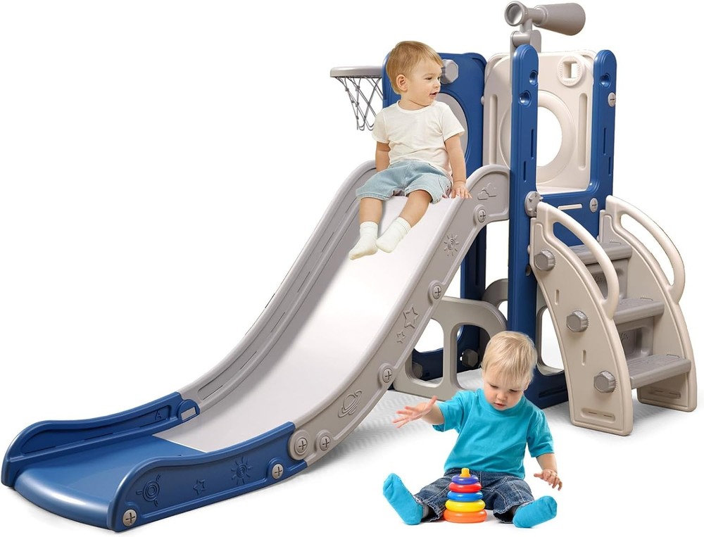 6 in 1 Toddler Playset Slide for Kids with Basketball Hoop Ball Ring Kids Slide