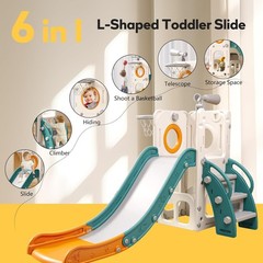 6 in 1 Toddler Playset with Hoop Ball Kids Playground Slide Outdoor Orange