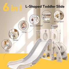 Gray 6 in 1 Toddler Playset w/ Hoop Ball Ring Toss Kids Playground Slide Outdoor