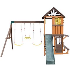 Wooden Kids Swing Slide Set Playhouse Kitchen, Rock Wall Outdoor Playground