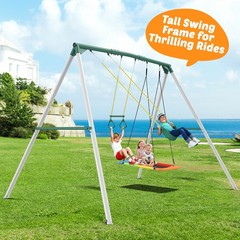 Hapfan 9.5ft Tall Heavy Duty Metal Outdoor Swing Set with 3 Swings & Trapeze Bar