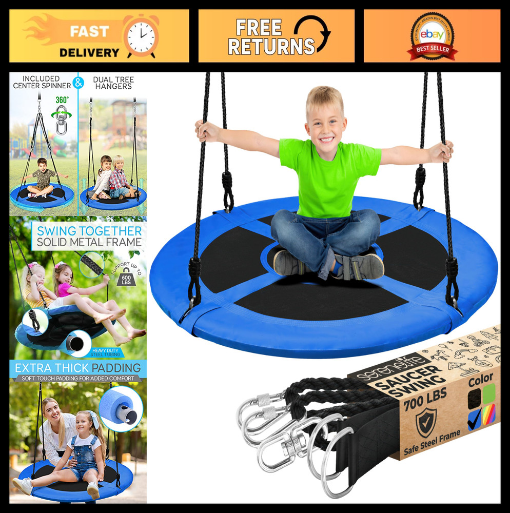 40” Outdoor Saucer Swing with Tree Hang Kit, Adjustable Ropes & Swivel Spinner f