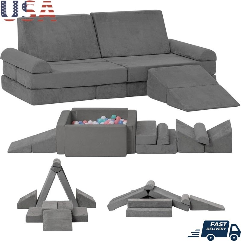 9 Piece Kids Play Couch Modular Soft Foam Sofa Climbing Ball Pit Slide Set New