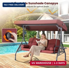 3 Seat Outdoor Porch Swing with Adjustable Canopy,2 in 1 Patio Swing Bed with St