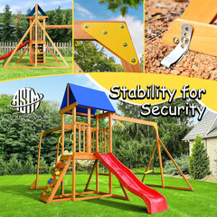 Wooden Swing Sets for Backyard, Kids Outdoor Playground Set with Monkey Bars, Wa