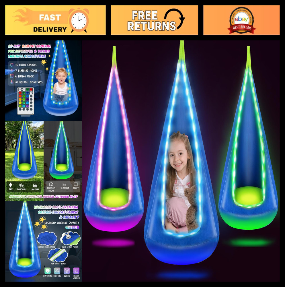 LED Light Up Kids Pod Swing Seat – Sensory Hammock Chair for Autistic Children,