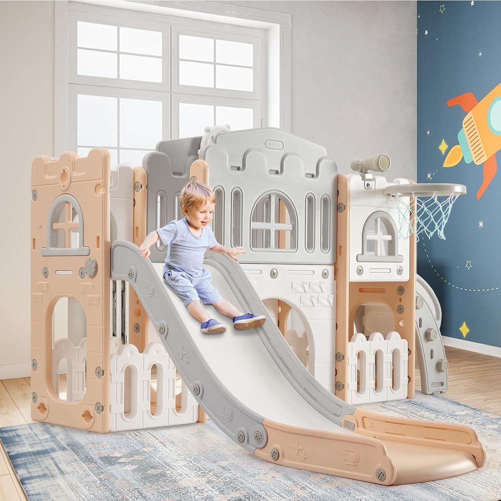 8 in 1 Toddler Slide Playset for Age 1-3 with Climber Toy Storage Pink and Gray