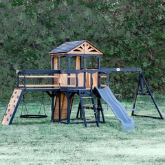 Timber Crossing Swing Set – Cedar Wood Outdoor Playset, Rock Wall, Slide, Swings