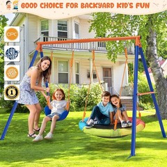 Pre-Owned Swing Set with Stand 2 Swings Kids Heavy Duty Metal A-Frame Outdoor