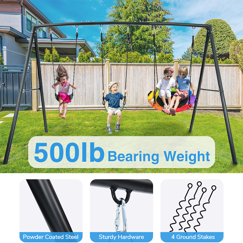 500LB Metal Swing Set with 3 Swings & Frame Outdoor Kids Adult Backyard Swingset