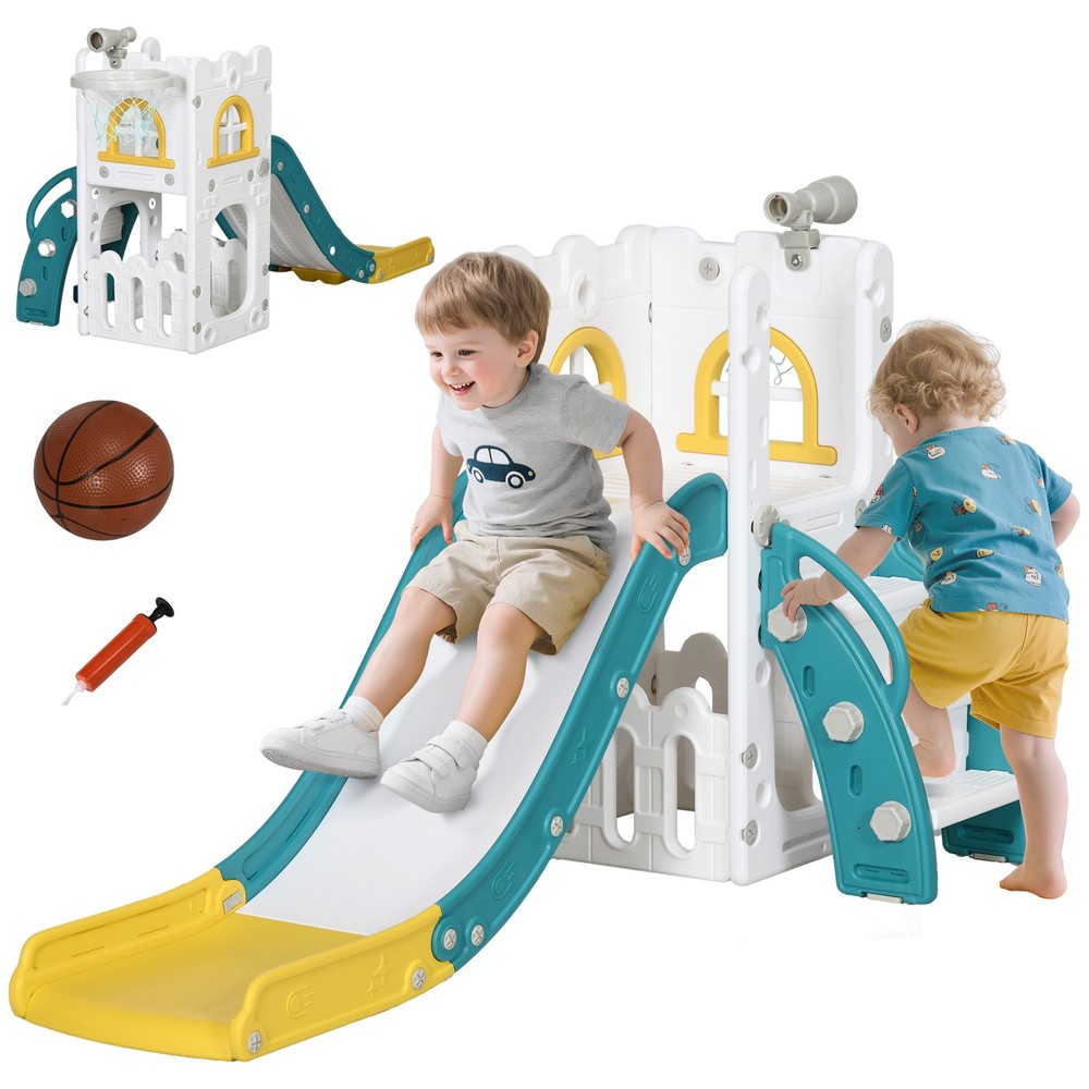 5 in 1 Toddler Slide for 1-3 Years Old with Basketball Hoop, Yellow