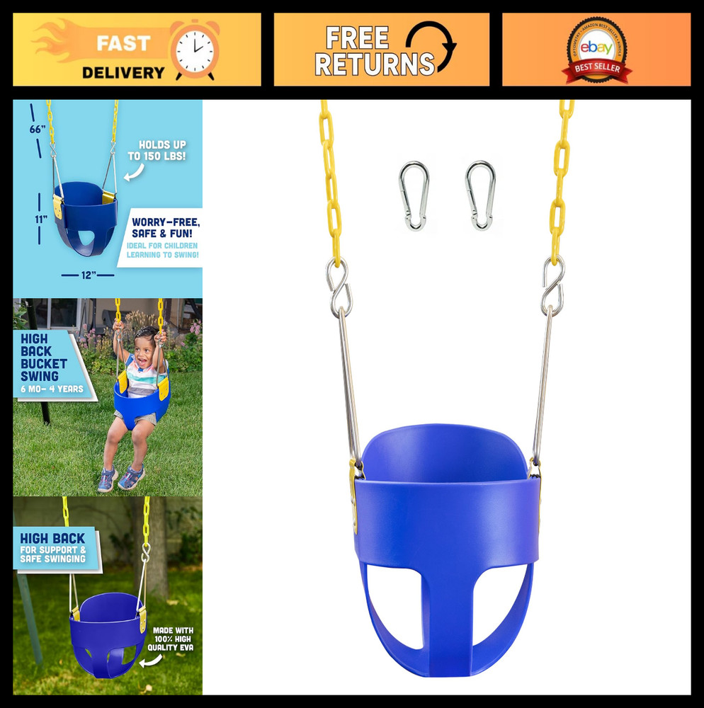 High Back Full Bucket Toddler Swing Seat with Coated Chains & Carabiners – Blue