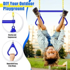 2 Set Gym Ring Trapeze Swing Bar and Climbing Rope with Platforms Disc Blue