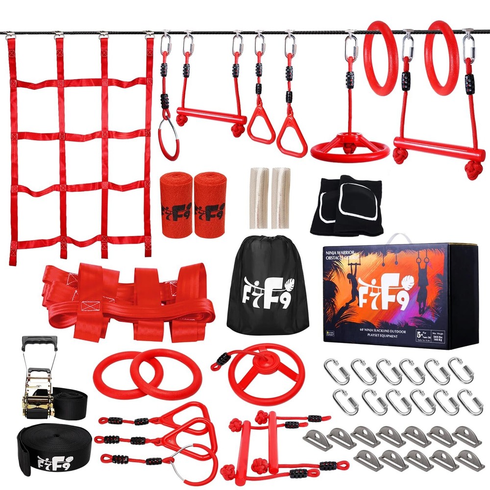 Ninja Warrior Obstacle Course for Kids Backyard with A Pair of Knee Pads, 60R