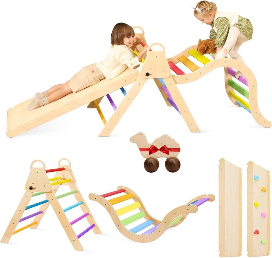 7 in 1 Rainbow Pikler Triangle Set with 41in Ramp & Arch Rocker